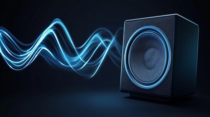 Audio speaker with oscillating blue sound waves representing professional hifi audio equipment or music production