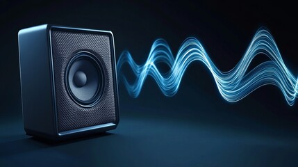 Audio speaker with oscillating blue sound waves representing professional hifi audio equipment or music production