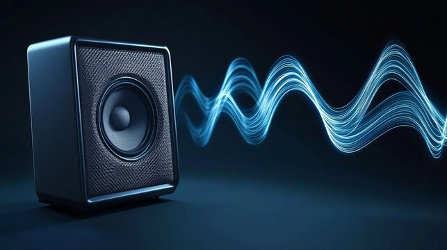 Audio speaker with oscillating blue sound waves representing professional hifi audio equipment or music production