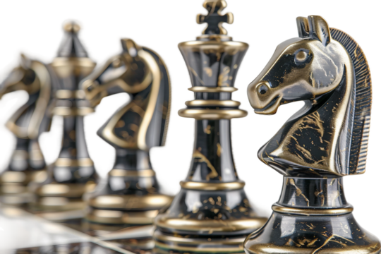 Classic chess set with elegant metal pieces and a high-gloss board isolated on transparent background