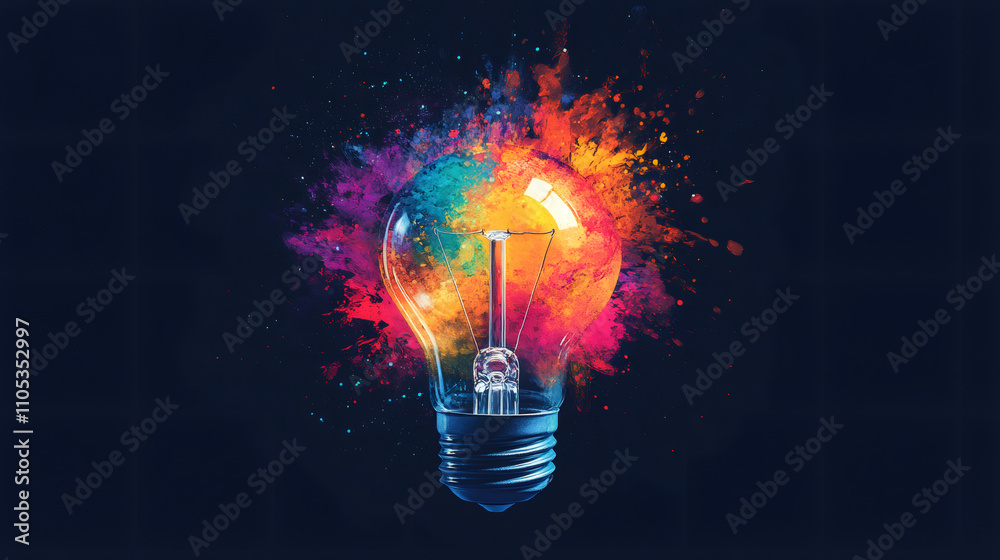 Aufkleber Incandescent light bulb exploding with colorful paint on a dark background, representing creative inspiration and innovative ideas