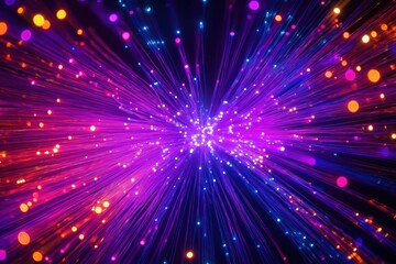 Obraz premium Abstract vibrant colorful fiber optic lines burst. Colorful tech background with bright neon light. Modern design concept for tech future. Abstract bright lights lines in darkness. Dynamic, energetic