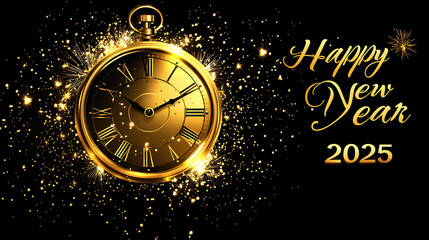 A gold clock with roman numerals on it with the words Happy New Year on it