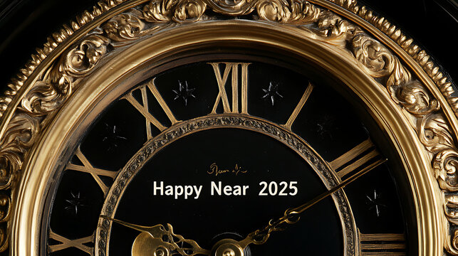 A clock with roman numerals and the words Happy New Year 2015 written on it