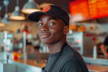 Fototapeta premium Generative AI Image of a Fast Food Chef in a Kitchen with a Focus on a Burger or fastfood eatery settings