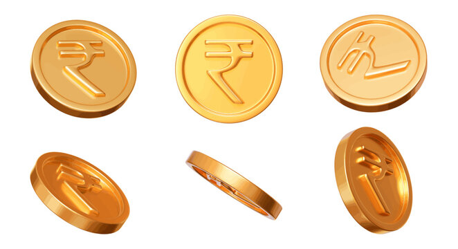 3d set of golden coins of Indian rupees with different angles. Stock vector illustration on isolated background.	