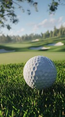 Obraz premium A golf ball in focus sitting on a tee with a beautiful green golf course in the background