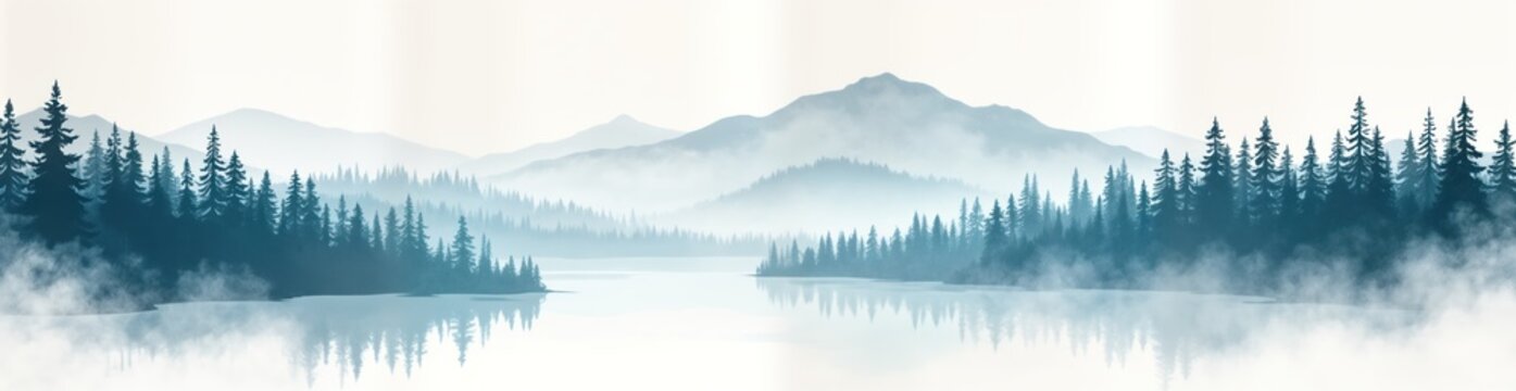 Misty mountain landscape illustration. Silhouette forest at lake shore. Foggy atmosphere. Watercolor style. Tranquil scene. Minimalist design. Possible use for nature themed cards. Suitable for spa