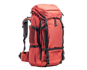 a red backpack with black straps