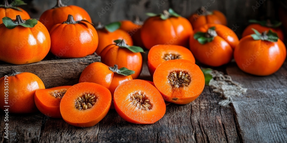 Poster whole and sliced persimmons displayed on a rustic wooden background highlight the freshness of organ