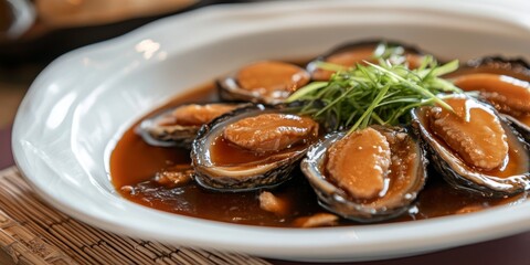 Delicious abalone served in rich oyster sauce, highlighting the exquisite flavor of abalone. Indulge in a delightful abalone dish featuring abalone and savory soy sauce for a memorable meal.