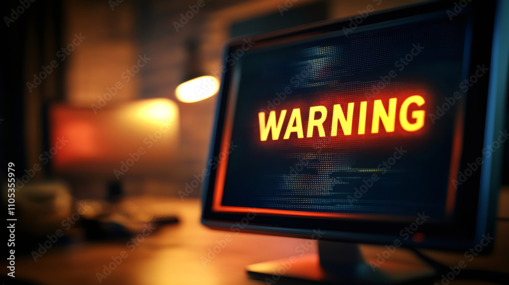 Poster computer monitor displaying warning message in low-light setting, indicating security alert or criti