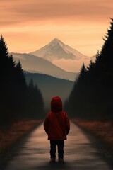 Obraz premium Child in red jacket stands on path with mountain backdrop