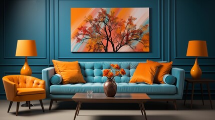 Colorful living space with a blue sofa and an orange wall. Pop art elements bring a lively, modern...