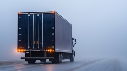 A truck drives through foggy weather on a deserted road, showcasing the challenges of transportation in low visibility conditions.
