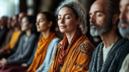 Obraz premium Focused woman with curly hair meditating among diverse individuals in serene setting.