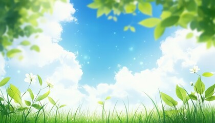Spring Daydreams Lush Green Landscape with Sparkling Blue Sky and Delicate White Flowers