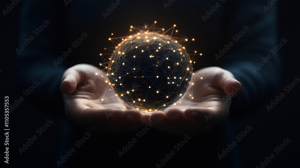 Poster businessman showcasing a luminous global network sphere, symbolizing worldwide communication and int