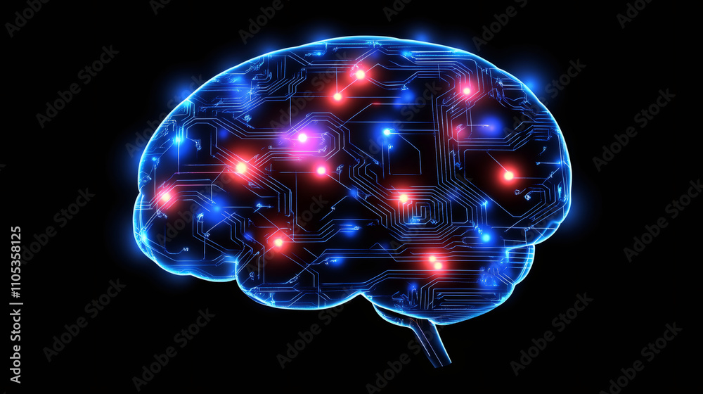 Leinwandbilder glowing blue brain with integrated circuit board showing data processing, symbolizing artificial int