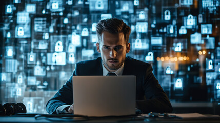 A focused professional sitting in an office with illuminated screens displaying security locks, working on a laptop at night