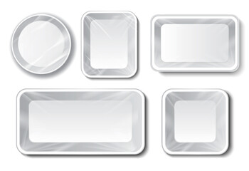 Set Illustration of Realistic Fresh Meat and vegetables Plastic Tray Styrofoam Packaging