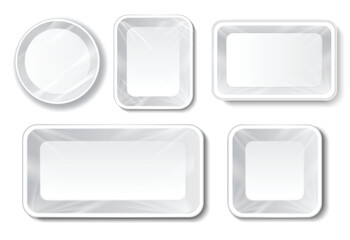 Set Illustration of Realistic Fresh Meat and vegetables Plastic Tray Styrofoam Packaging