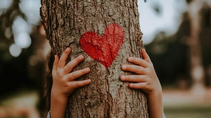 Small hands hugging a tree with a red heart painted on the bark, symbolizing love for nature