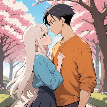 Love blossomes under the sakura tree as a young couple spends time together.
