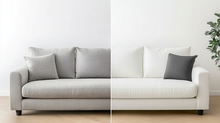 Grey sofa contrasted in a split image showcasing the effects of dry cleaning
