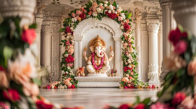 Ganesha statue in ornate floral archway.