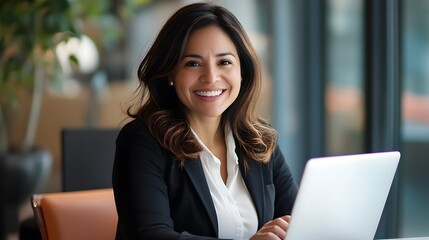 Smiling portrait professional it specialist latin hispanic business lady working on laptop pc sitting in modern office.