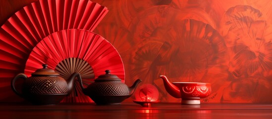 Red background, elements in the style of Chinese art, teapots and fans on the table, warm colors