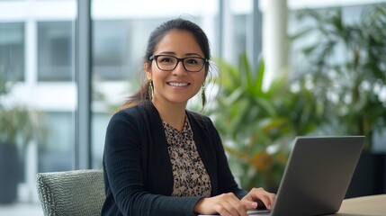 Smiling portrait professional it specialist latin hispanic business lady working on laptop pc sitting in modern office.