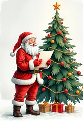 Santa Claus stands near Christmas tree reading a letter. Festive scene with decorated tree and gifts. Santa is happy and excited to read a letter. Christmas time. Holiday cheer.