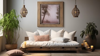 A boho-inspired living room featuring a blank poster frame, perfect for personalizing modern interior design.