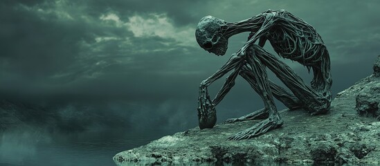 Gaunt figure sits on cliff edge, head bowed, stormy sky backdrop.