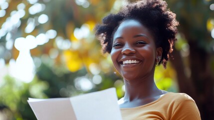 Happy young Black woman smiling while reading a letter outdoors.