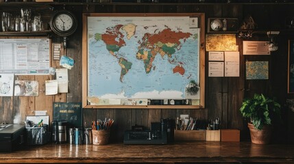 A collaborative workspace with detailed business plans, charts, and a global map in the background.
