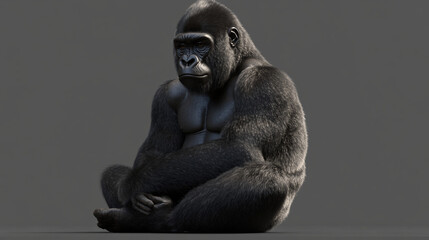 realistic 3d render of a seated black gorilla facing sideways on a transparent background