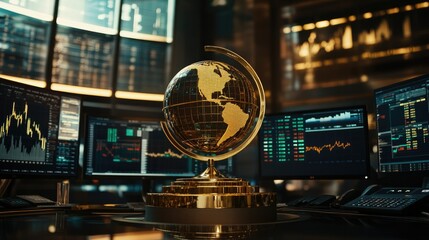 A golden globe centerpiece on a trading desk, surrounded by financial charts and monitors, symbolizing global markets