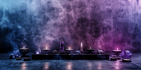 altar for meditation surrounded by burning incense, crystals, and candles. Soft blue and purple light fills the air, with swirling incense smoke creating a peaceful and sacred atmosphere.