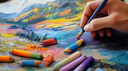 Obraz premium An artist sketching a colorful landscape with chalk pastels scattered around.