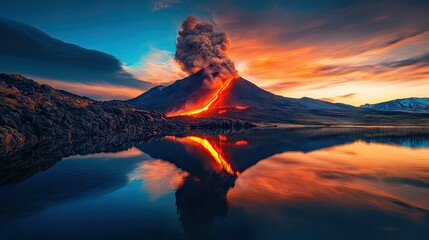 Obraz premium An erupting volcano with lava glowing brightly, reflected in a nearby lake.