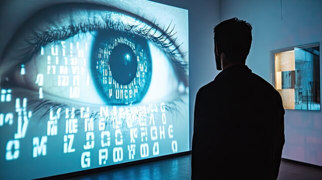 An eye chart projected on a wall, with the letters progressively decreasing in size toward the bottom.
