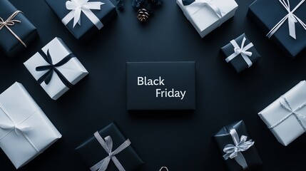 Obraz premium Overhead creative flat lay of Black Friday text illuminated on a lightbox with paper shopping bags and gift boxes on a black background
