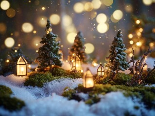 Obraz premium Miniature snowy forest with glowing lanterns 