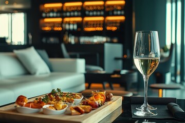 Elegant dining scene featuring gourmet dishes and a glass of sparkling wine in a modern restaurant.