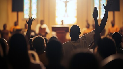 A diverse congregation raises hands in worship during a service filled with hope.