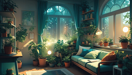 Lofi cozy room with window view of a forest, jungle, plants decor, books, anime, manga style. Hip-hop atmospheric lights.