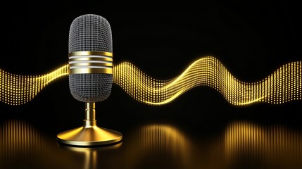 Recording studio microphone set against a golden gradient background with sound waves ideal for podcasting broadcasting or music production